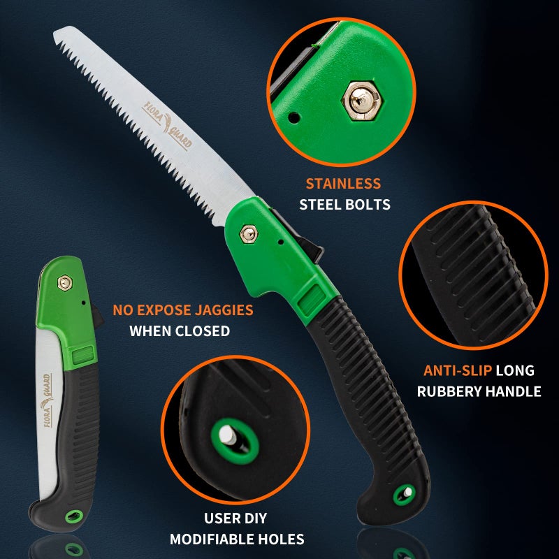 FLORA GUARD 7.7-Inch Folding Hand Saw, Pruning Saw with Trible-Cut Razor Teeth for Wood Cutting, Tree Trimming, Professional Camping Gardening Tools (Green) - Image 3